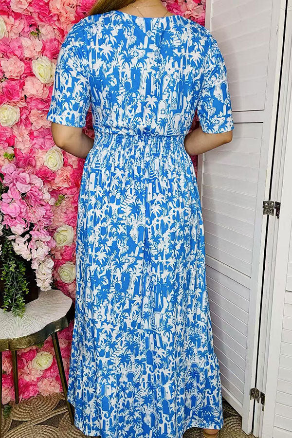 Clearance -- Blue maxi dress floral prints & elastic waist & pockets GJQ16007 AS1