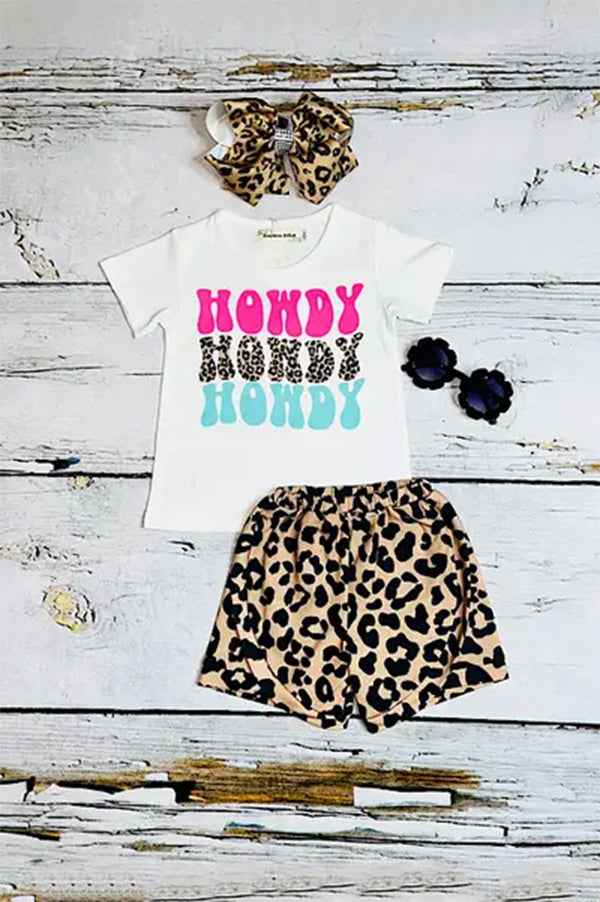 Shop Western kids clothes "HOWDY" Leopard printed shorts & t-shirt girl set XCH0777-5H (A3S3)