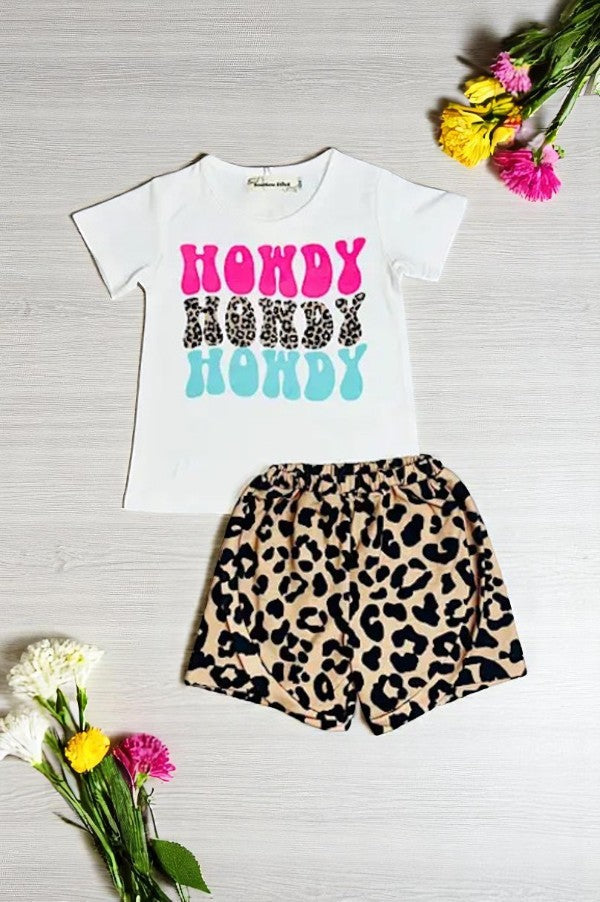 Shop Western kids clothes "HOWDY" Leopard printed shorts & t-shirt girl set XCH0777-5H (A3S3)