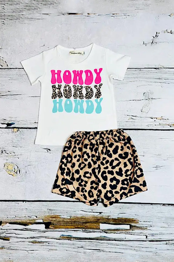 Shop Western kids clothes "HOWDY" Leopard printed shorts & t-shirt girl set XCH0777-5H (A3S3)