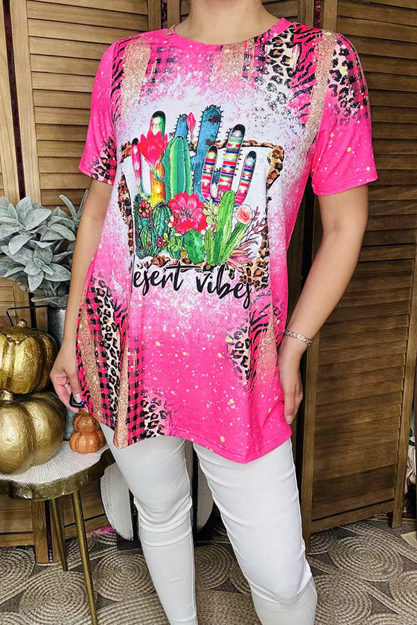 Women's t-shirt wholesale "DESERT VIBES" cactus printed short sleeve pink top XCH12443