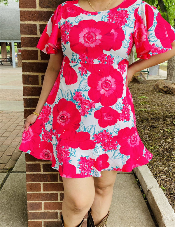 Fuchsia floral printed puff short sleeve women dress w/pockets XCH15002 (BS8