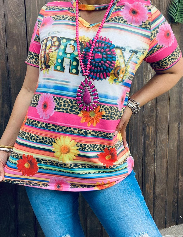 PRAY serape leopard multi-color printed short sleeves women top XCH13042 (BS10)