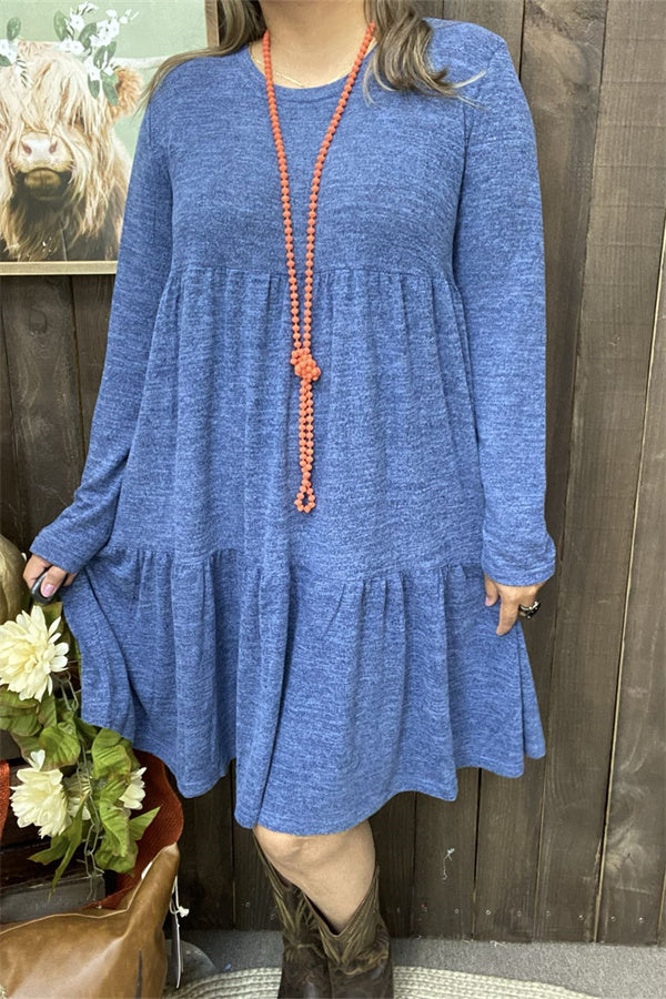 Clearance -- Blue solid color long sleeve w/side pockets women dresses GJQ15503