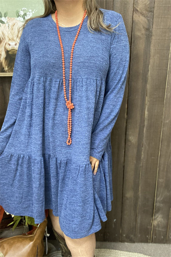 Clearance -- Blue solid color long sleeve w/side pockets women dresses GJQ15503