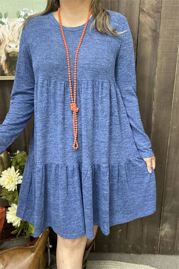 Clearance -- Blue solid color long sleeve w/side pockets women dresses GJQ15503
