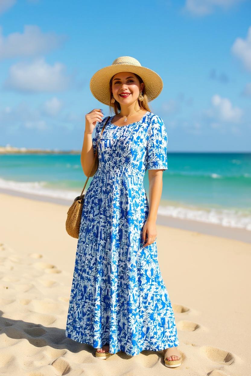 Clearance -- Blue maxi dress floral prints & elastic waist & pockets GJQ16007 AS1