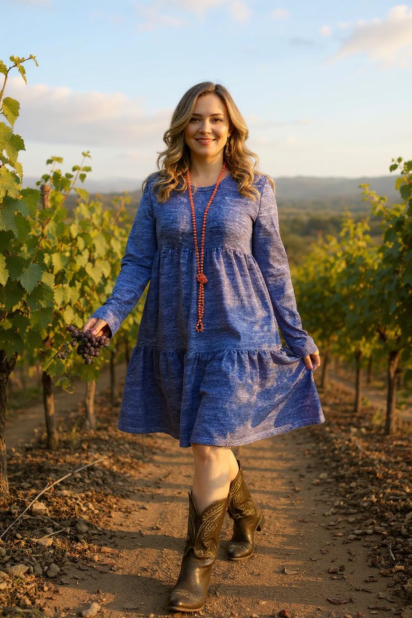 Clearance -- Blue solid color long sleeve w/side pockets women dresses GJQ15503