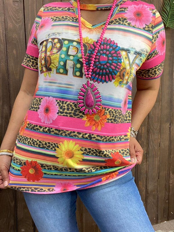 PRAY serape leopard multi-color printed short sleeves women top XCH13042 (BS10)
